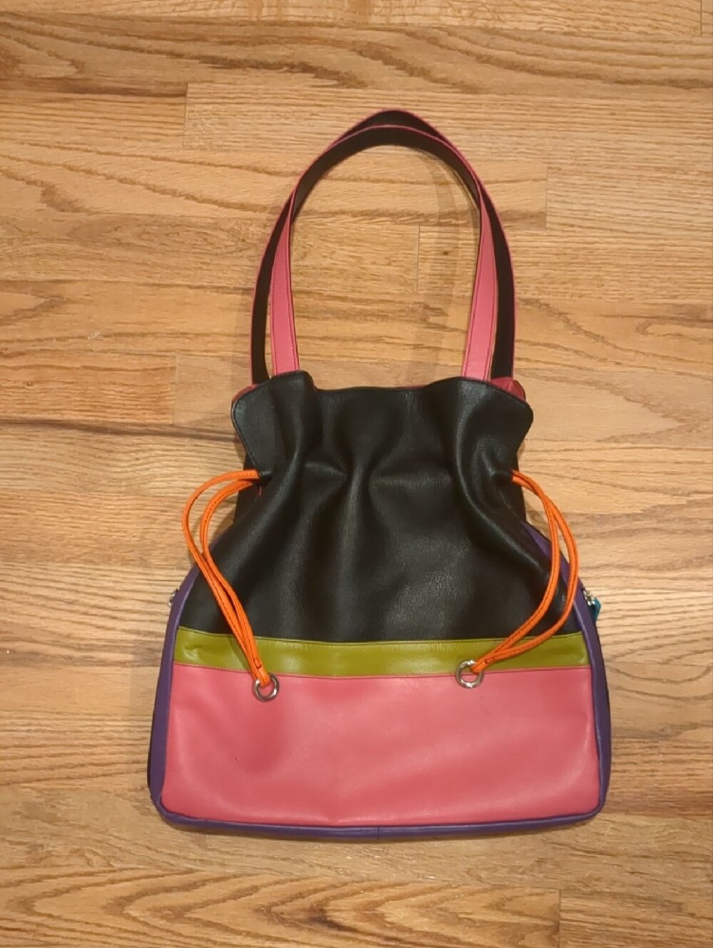 Vintage Colorblock Leather Tote Bag - Black, Pink & Green Genuine Leather